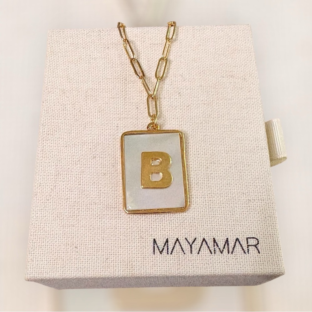 Mother of Pearl 24K Gold Plated B Initial Paperclip Necklace